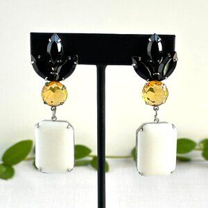 1990s Clip-On Statement Earrings, Black Navette, Yellow and White Glass Drops